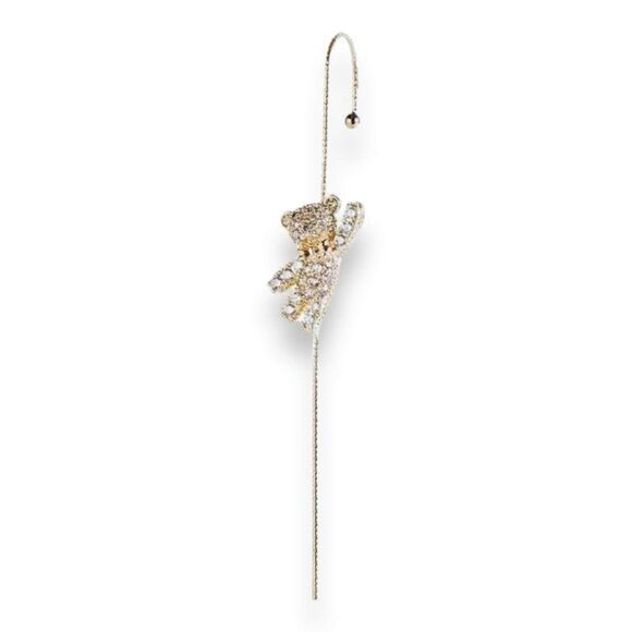 Gold Teddy Bear Pave Crystals Ear Climber Ear Pin Statement Earring NEW - Picture 2 of 3